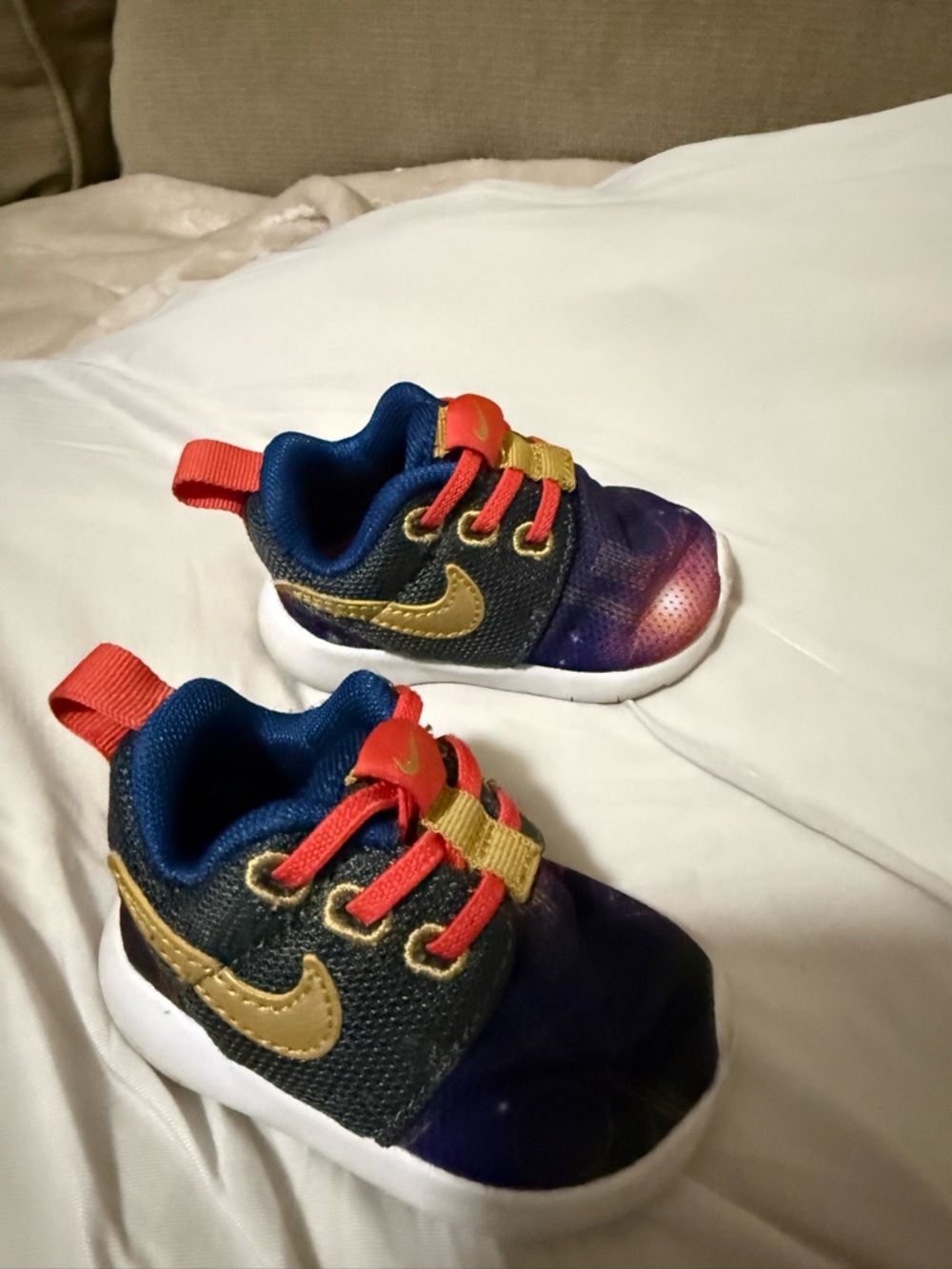 Nike Toddler Sneakers in Navy, Gold & Coral with Galaxy Toe